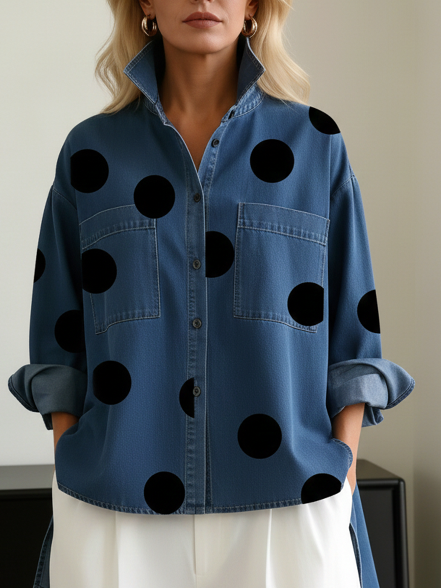 Elegant Artistic Polka Dot Print Stand-collar Denim Top