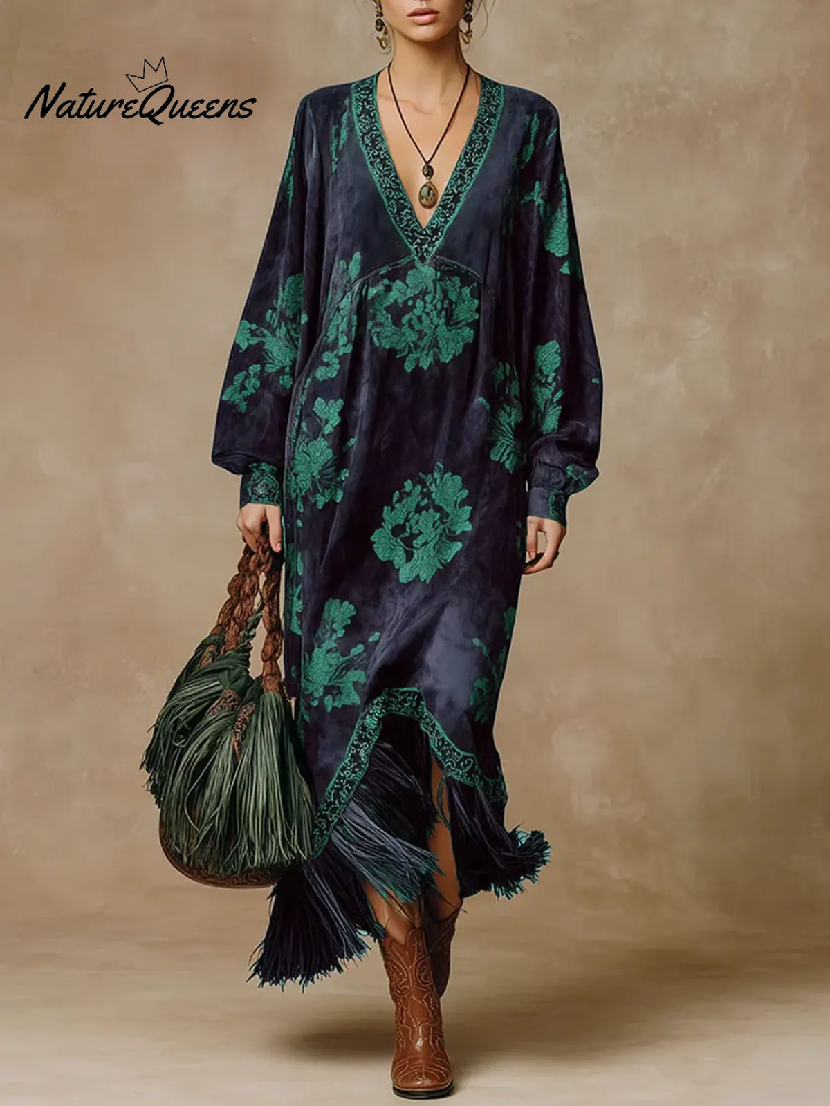 Women's Retro Print V-neck Long-sleeved Casual Loose Suede Tassel Dress