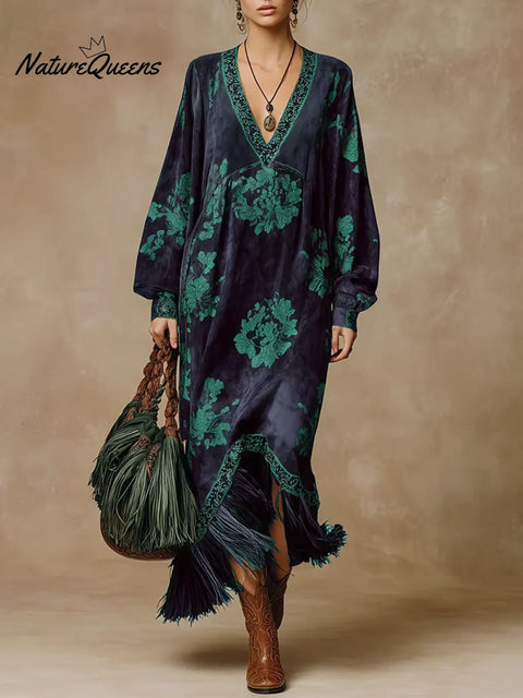 Women's Retro Print V-neck Long-sleeved Casual Loose Suede Tassel Dress