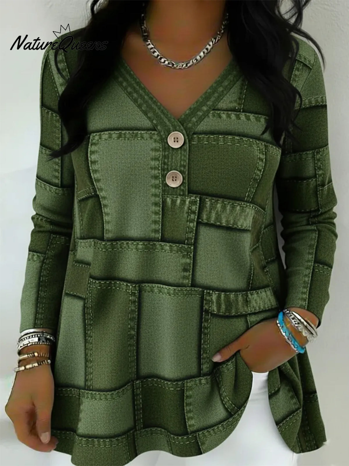 Artistic Patchwork Print V-neck Button-up Pullover Top