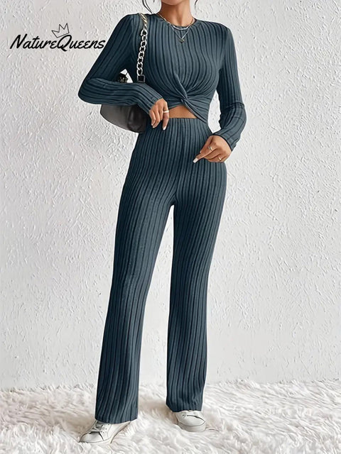 Women's Solid Color Two-piece Set Long-sleeved Top Slim-fit Pants