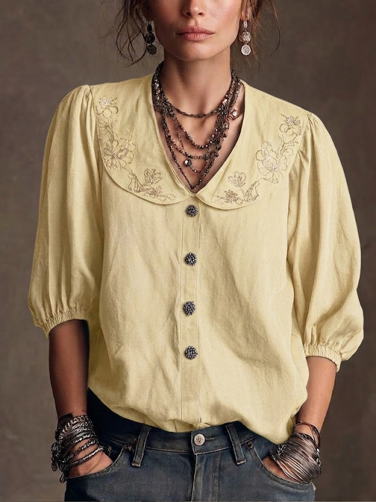 Retro Peter Pan Collar Linen And Cotton Shirt