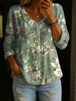 Women's Flower Art Print Linen Cotton Shirt