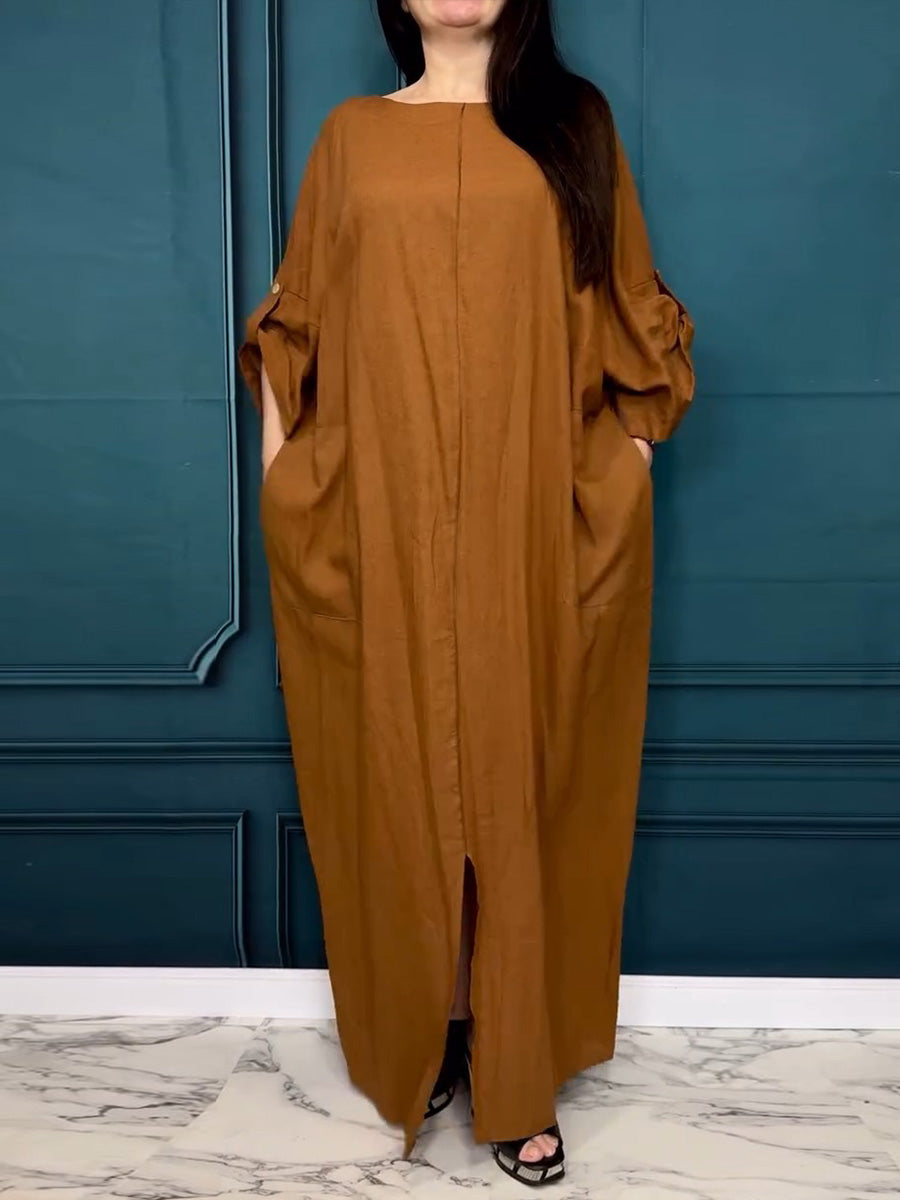 Women's Solid-color Round-neck Casual Loose Cotton-linen Dress