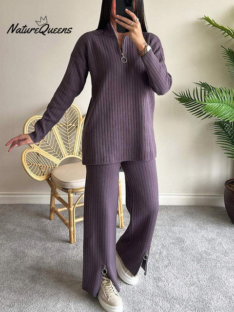 Women's Striped Solid Color Zipper Casual Knit Suit