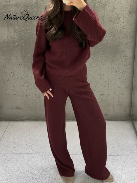 Cozy Solid Color Knit Top And Wide-leg Pants Two-piece Set