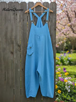 Cozy Solid Color Loose Wide-leg Linen Overalls Jumpsuit