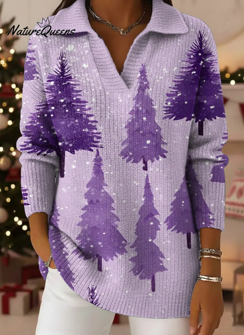 Women's Christmas Tree Pattern Art Print Casual Cotton Sweater