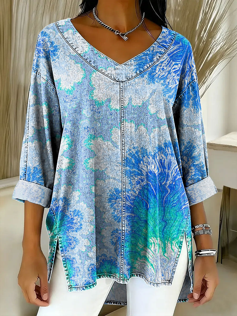 Women's Retro Gradient Flowers Floral Art Patterns Casual Washed Denim Cotton Top