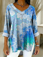 Women's Retro Gradient Flowers Floral Art Patterns Casual Washed Denim Cotton Top