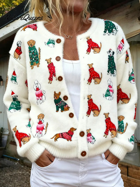 Women's Christmas Dogs Pattern Art Print Casual Cotton Sweater