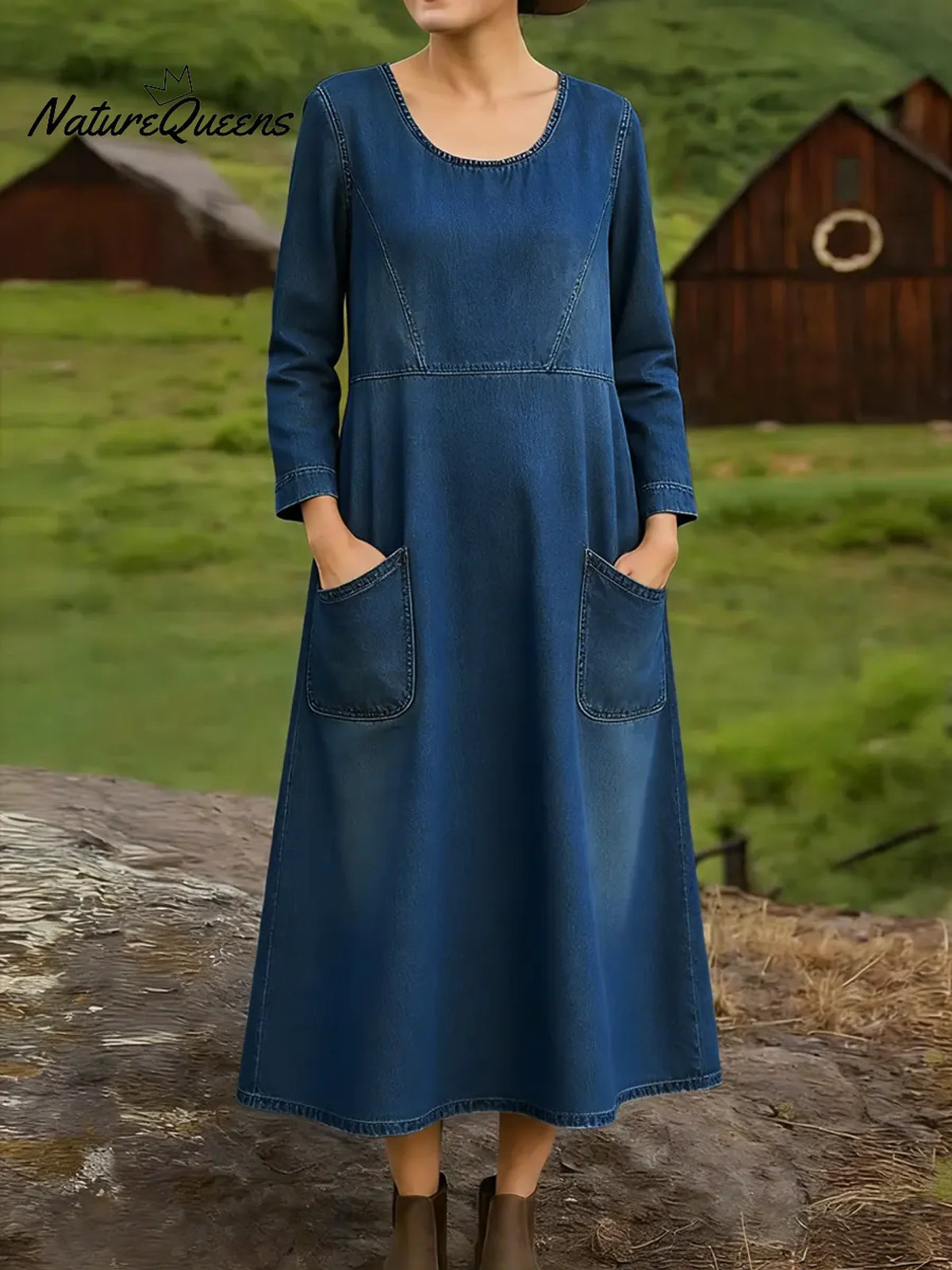 Women's Spring Round-neck Long-sleeved Casual Loose Denim Dress