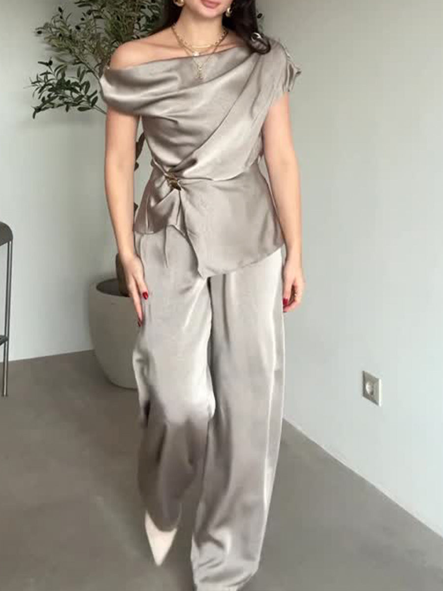 Women's Solid-color Off-shoulder Short-sleeve Loose-fit Top & High-waisted Wide-leg Pants Satin Two-piece Set