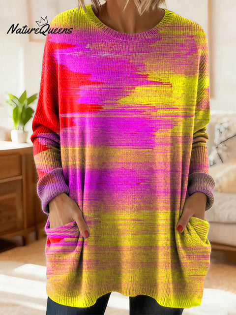 Women's Retro Color Gradient Art Print Casual Cotton Knitted Sweater