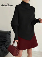 Women's Solid Color High-neck Batwing Sleeve Casual Loose Knit Sweater