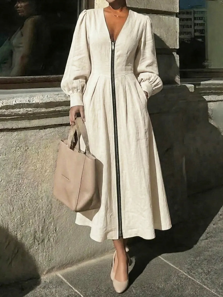 Women's Solid Color Zip Art Casual Fashion Cozy Cotton Linen Dress