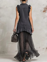 Women's Retro Lapel Denim Chiffon Patchwork Art Casual Long Dress