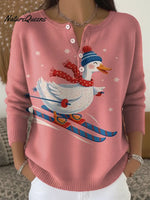 Women's Goose Christmas Skiing Print Buttoned Cardigan Sweater
