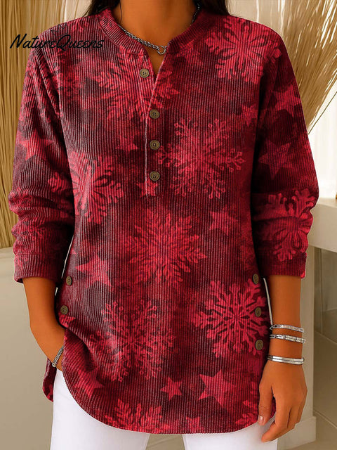 Women's Color Red Snowflake Print Casual Cotton Shirt