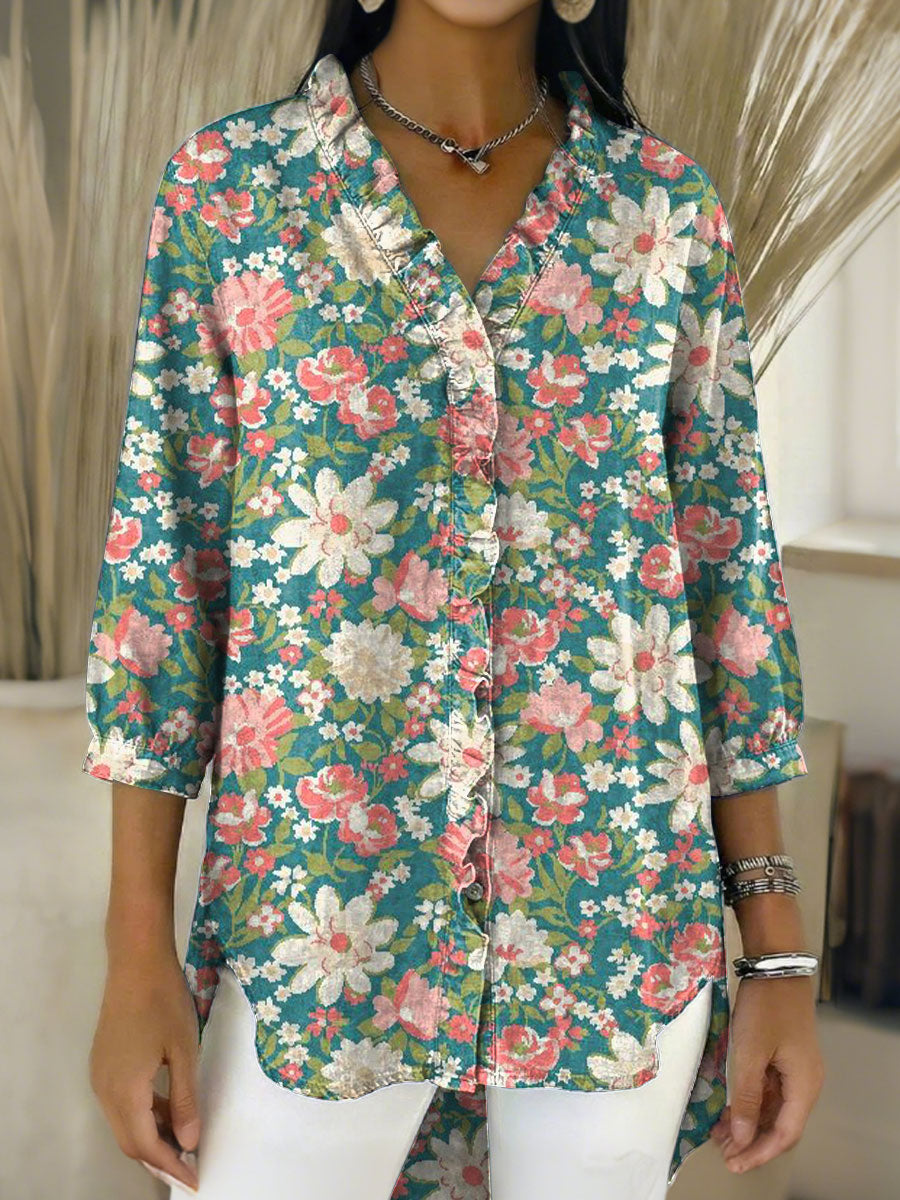 Women's Retro Gradient Flowers Floral Art Casual Denim V-neck Ruffled Shirt