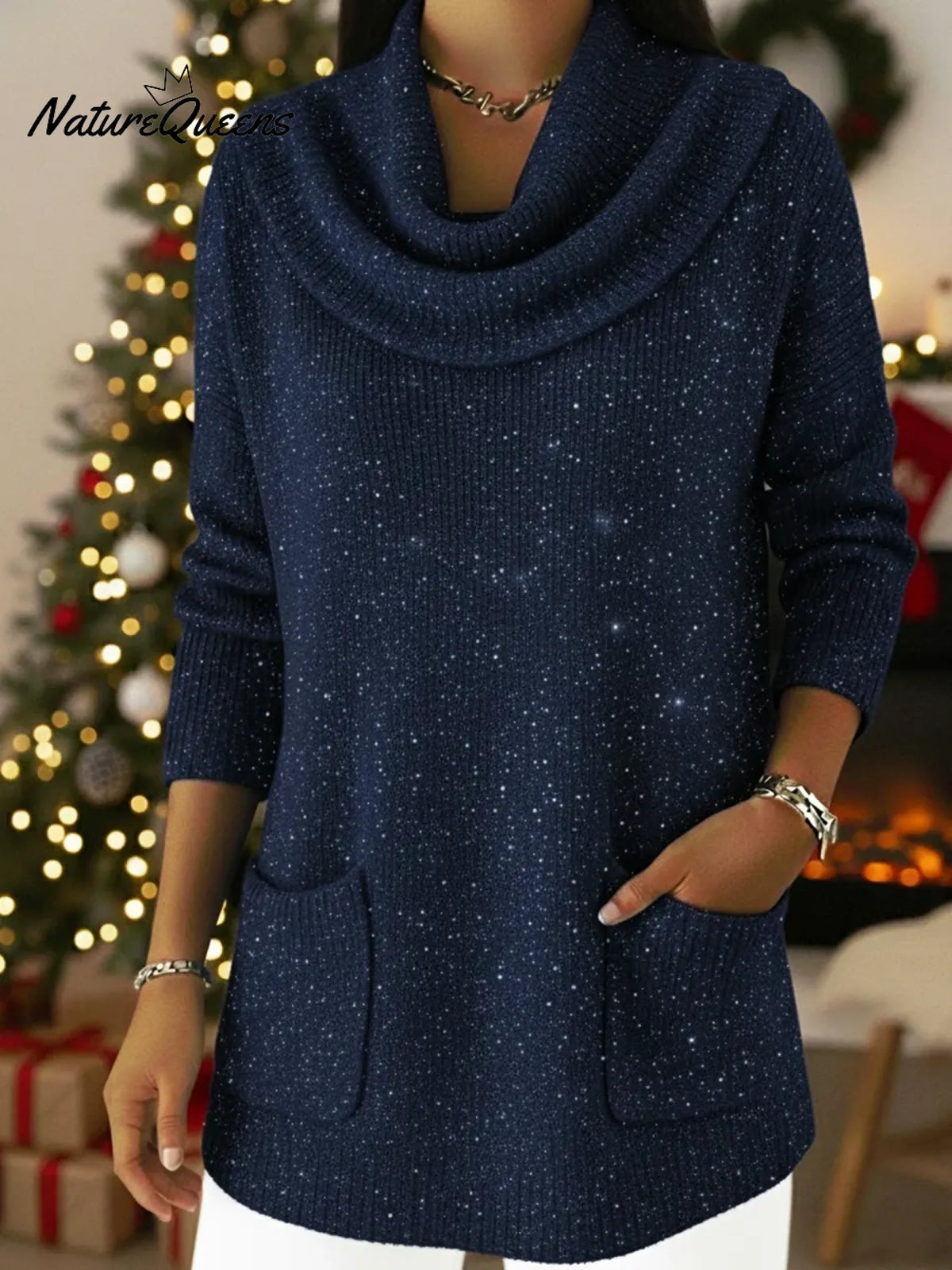 Christmas Elegant Cowl Collar Shiny Knitted Sweater