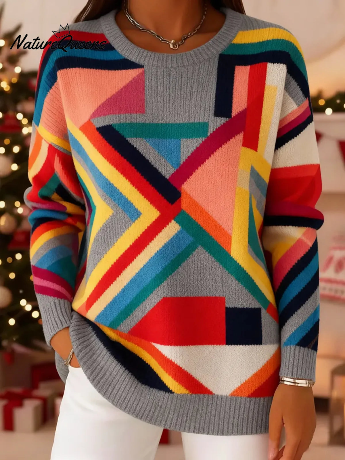 Women's Vintage Abstract Geometry Art Print Knit Pullover Sweater