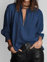 Women's Solid Color Lapel Long-sleeved Casual Loose Cotton And Linen Top