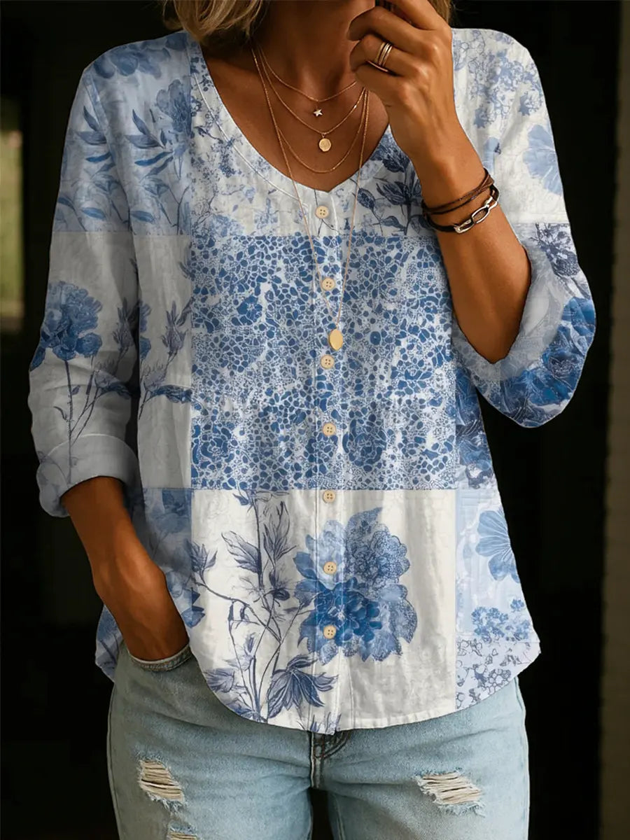 Women's Retro Floral Pattern Art Print Casual Cotton Shirt