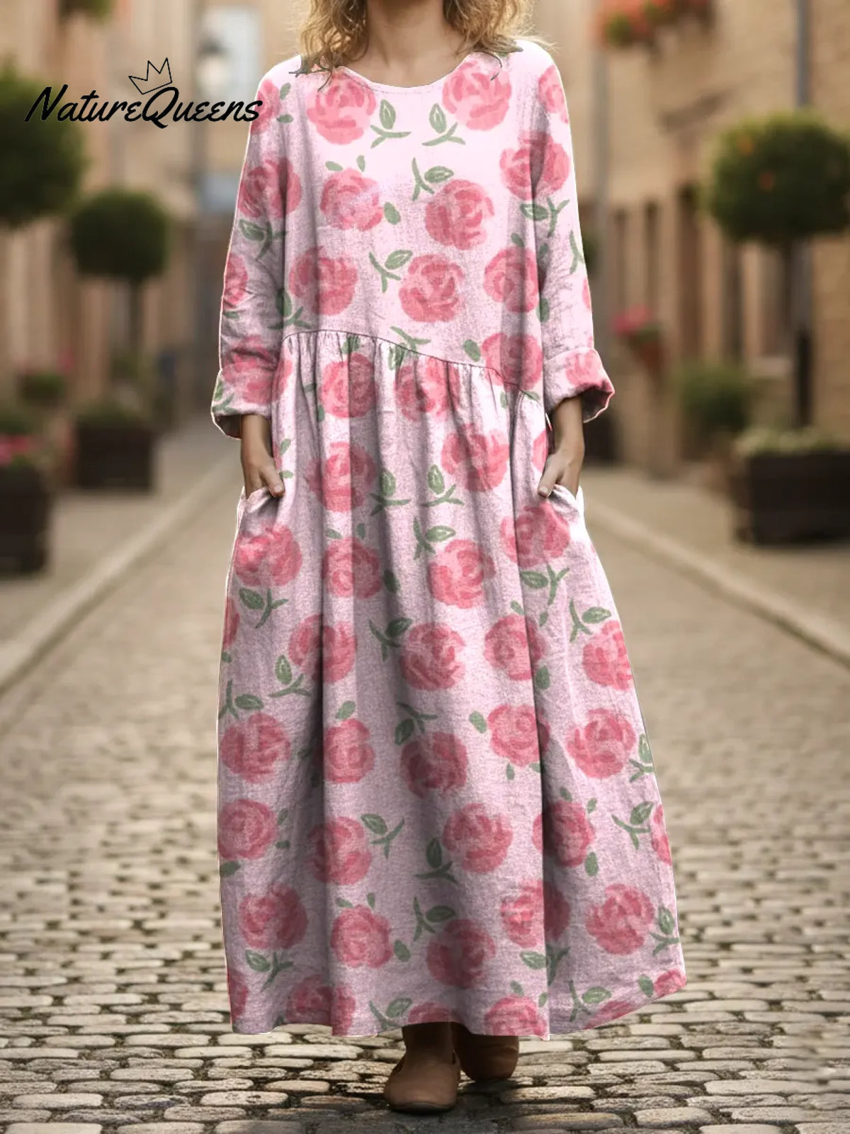 Women's Rose Print Pocket Cotton Dress