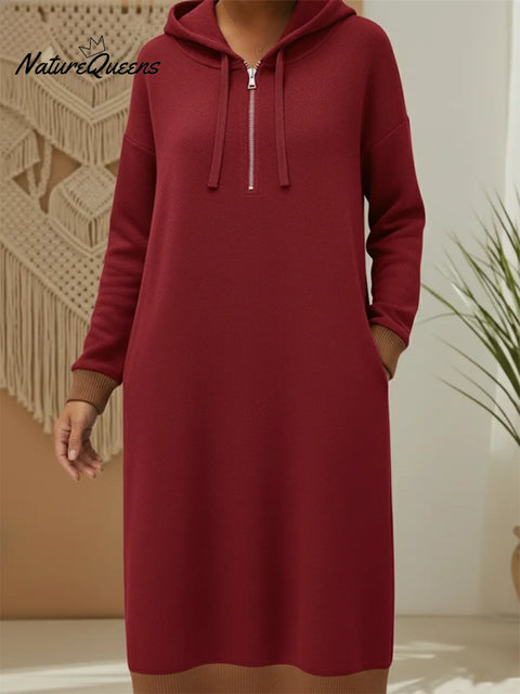 Casual Hooded Color-blocked Knit Dress
