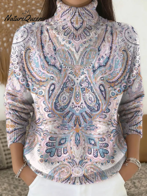 Women's Floral Art Print Casual Turtleneck Sweater
