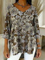 Women's Vintage Flower Prints Casual Washed Denim Cotton Top