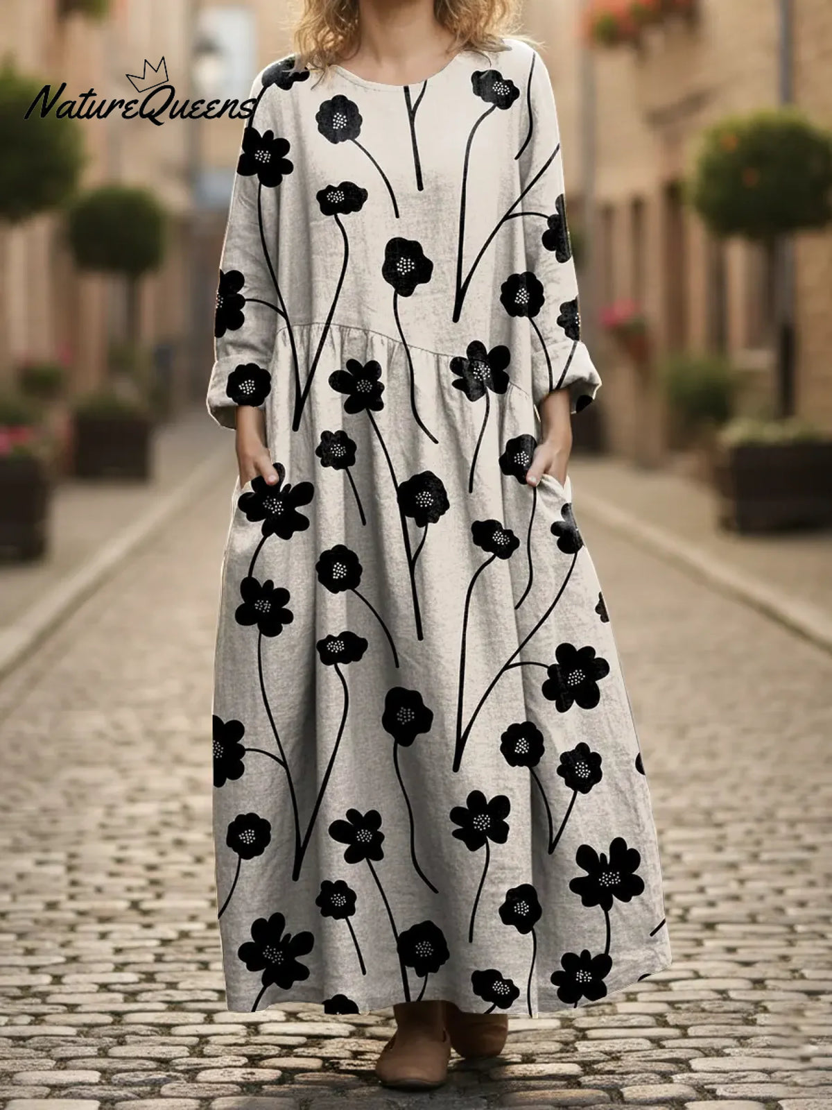 Women's Little Art Flower Print Pocket Cotton Dress