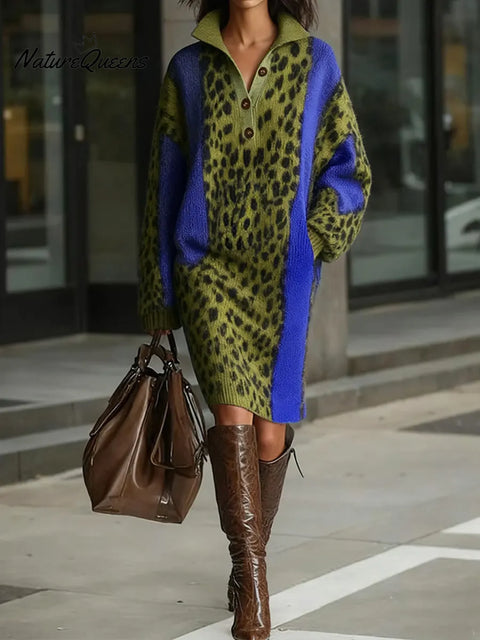Women's Leopard Print Lapel Long Sleeve Casual Loose Knit Dress