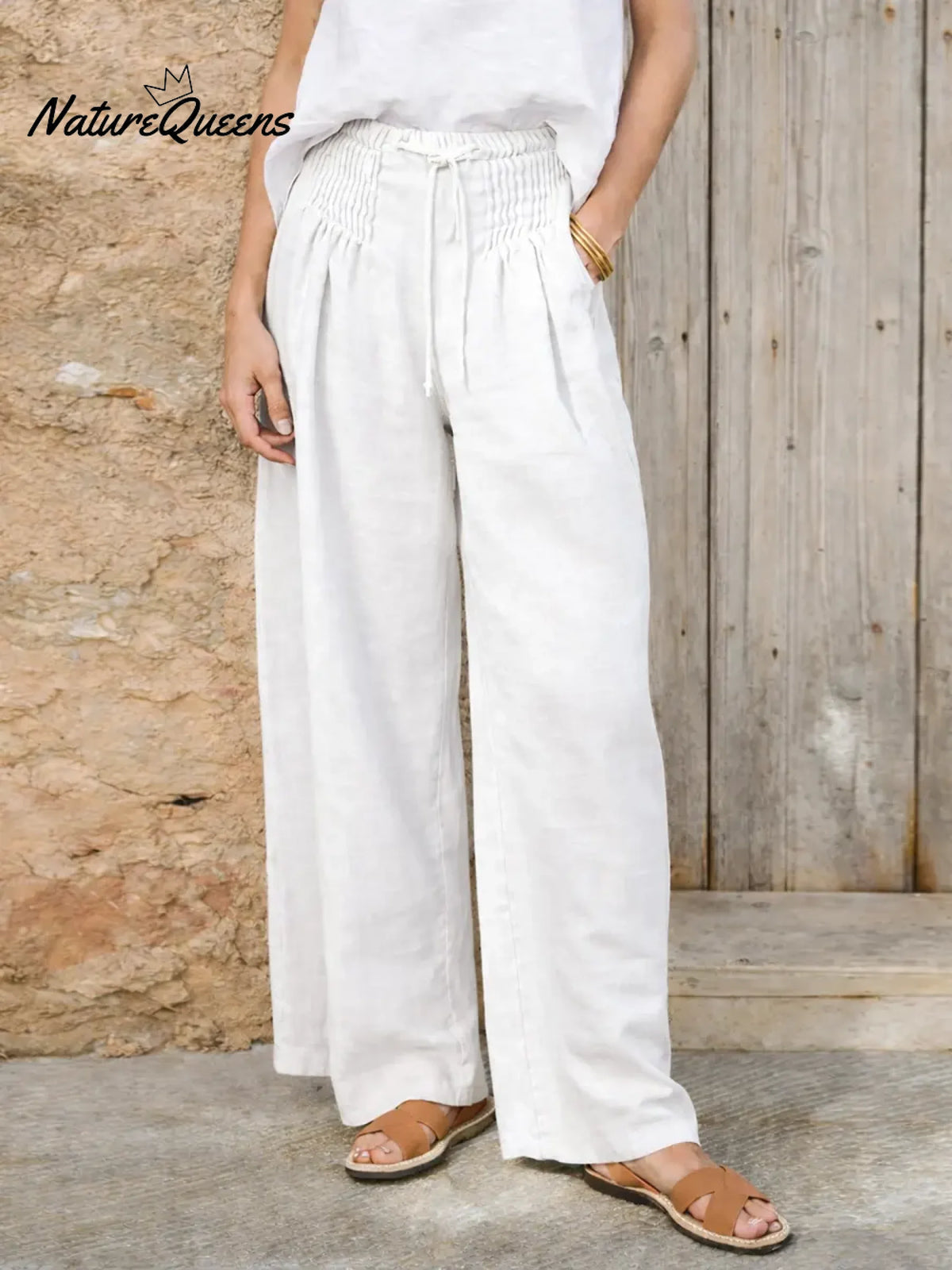 Women's Solid Color High-waisted Pleated Casual Loose Cotton And Linen Wide-leg Pants