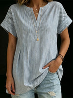 Women's Loose-fit Striped Short-sleeve Henley Shirt