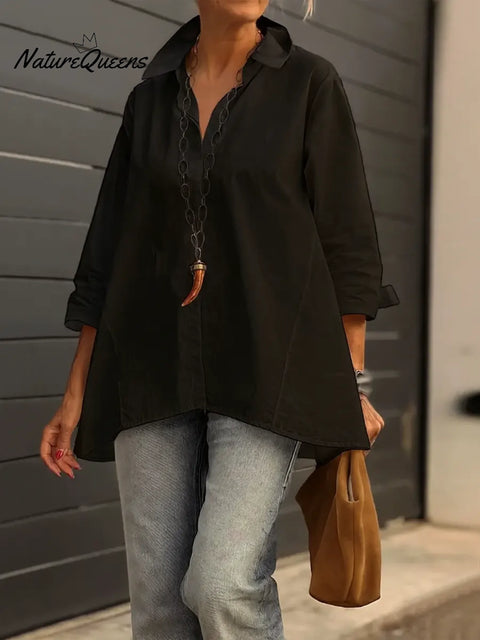 Women's Solid Color Collared Long-Sleeved Casual Cotton Linen Loose Shirt