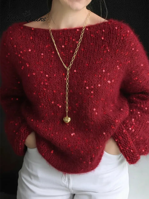 Dreamy Winter Boat Neck Loose Sequined Sweater Top