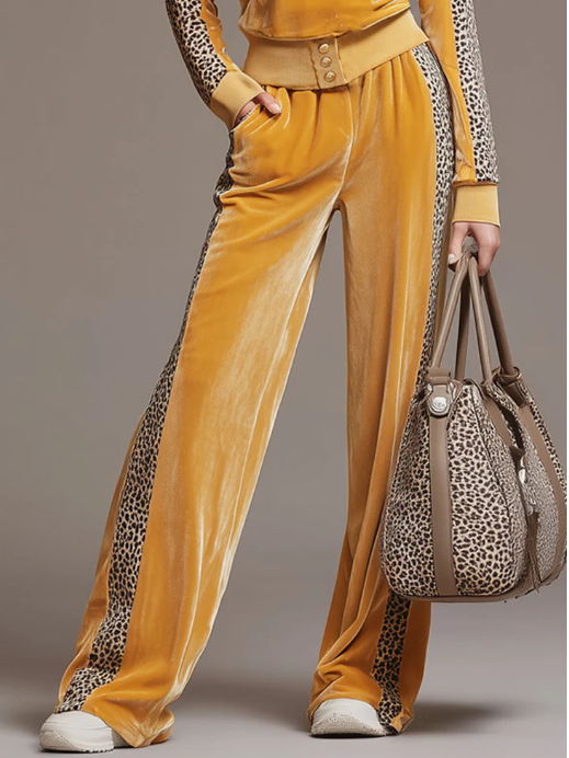 Casual Sporty Retro Leopard Print Sweatshirt And Wide-leg Pants Two-piece Set