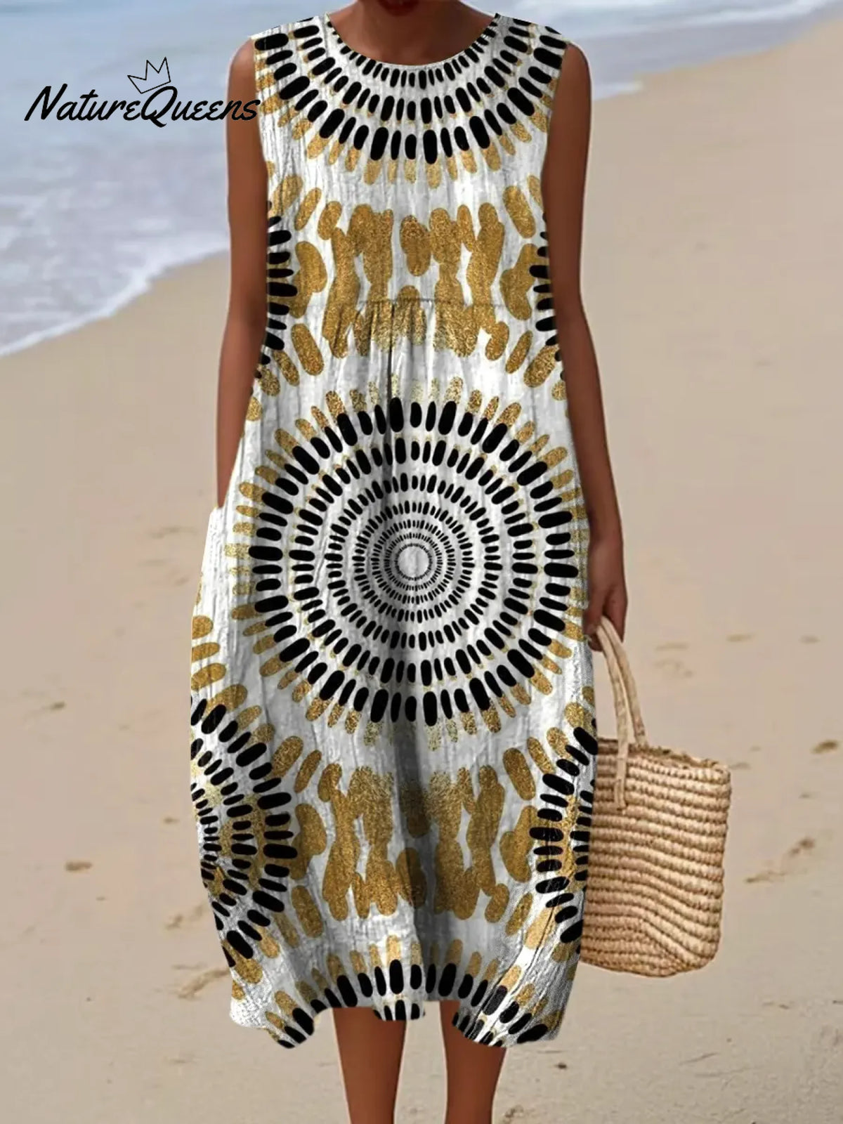 Women's Vintage Geometry Flower Pattern Art Print Casual Cotton Denim Dress