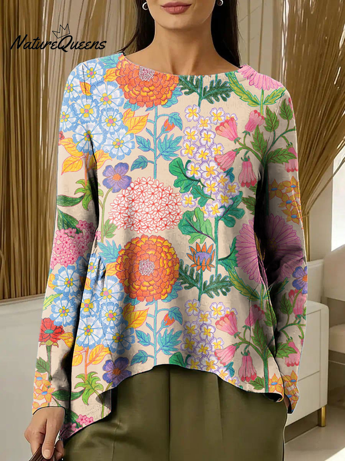 Women's Flowers Colorful Round Neck Casual Print Long-sleeved Ruched T-shirt