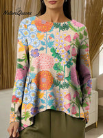 Women's Flowers Colorful Round Neck Casual Print Long-sleeved Ruched T-shirt