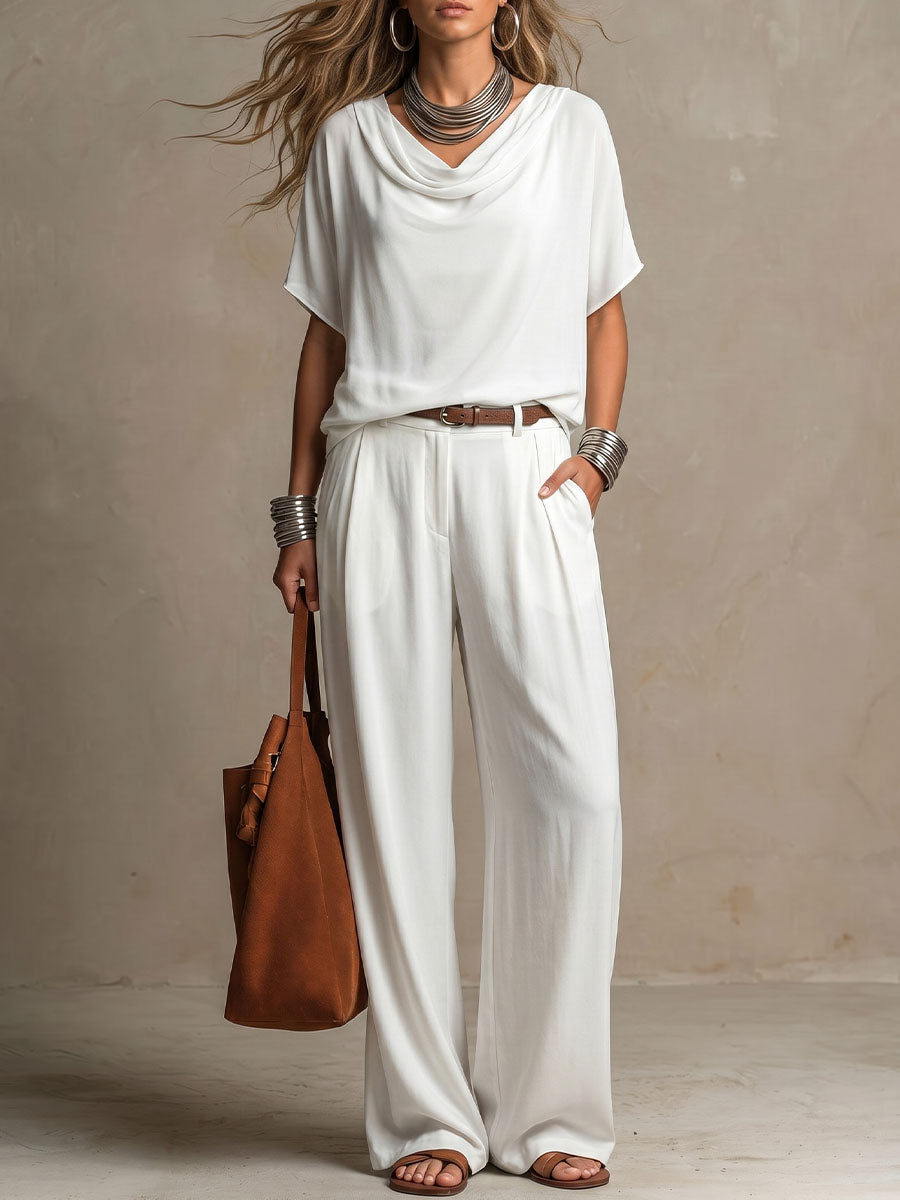 Women's Drapey Cowl Neck Short-sleeve Cotton-linen Top And Pants Set