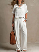 Women's Drapey Cowl Neck Short-sleeve Cotton-linen Top And Pants Set