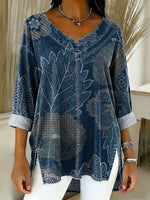 Women's Retro Gradient Flowers Floral Art Patterns Casual Washed Denim Cotton Top