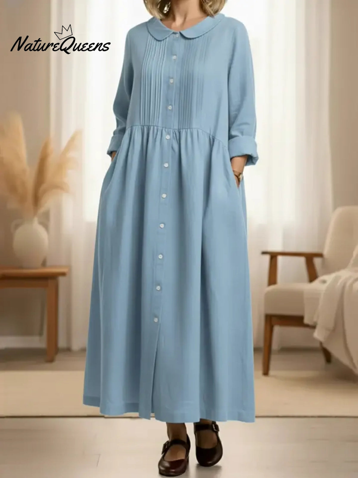 Women's Peter Pan Collar Long-sleeved Cotton And Linen Dress