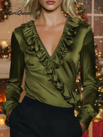Women's Solid Color V-neck Ruffled Long-sleeved Casual Loose Satin Top