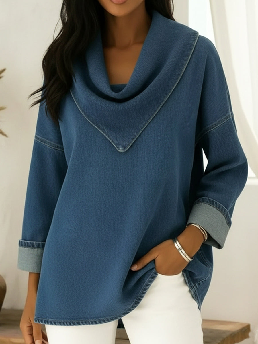 Retro Style Triangular Collar Loose-fitting Denim Cotton Top