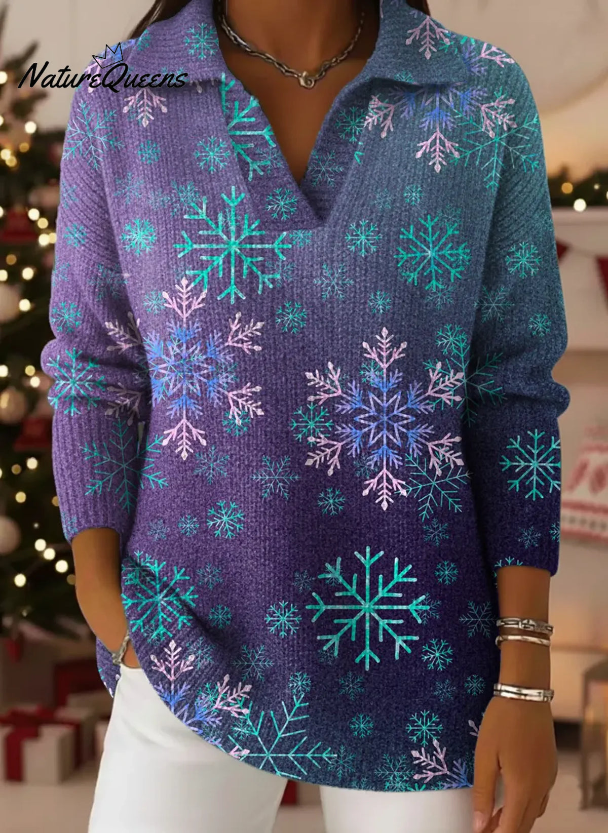 Gradient Snowflakes Print Lapel Casual Knit Sweater