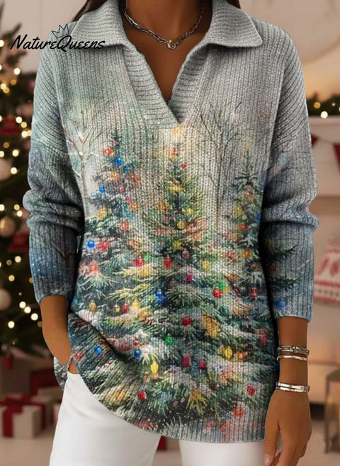 Christmas Tree Bow Art Pattern Art Polo Collar Shiny Loose Sweater Top